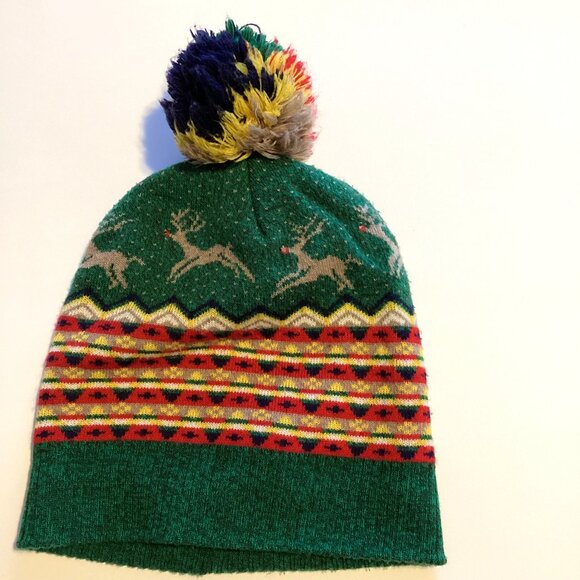 American Eagle Reindeer Holiday Christmas Green Winter Ski Knit Hat Pom Pom - Picture 2 of 7